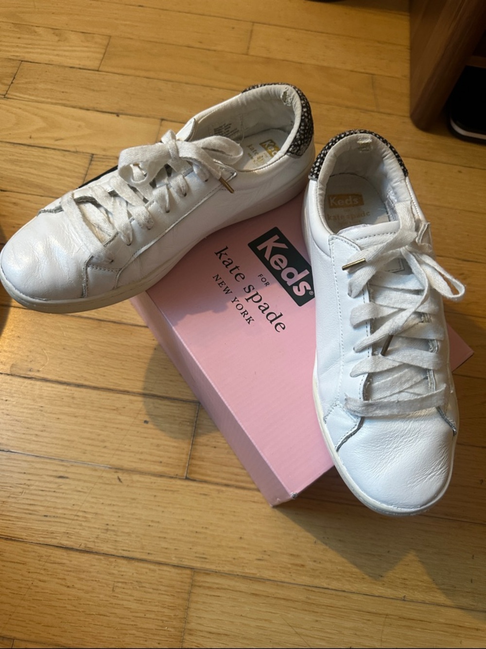 kate spade White Leather Kids Sneakers with Black Heel Detail